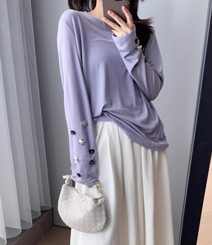 Meiyang Flower Bottoming Shirt Merino Orchid Mint Mambo Pearl Flower T-Shirt - Image 1