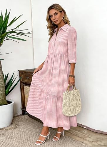 XNC Women's Striped Maxi Dresses 2026 Summer Fashion Collared Boho Dress Print 3/4 Sleeve Work Dress with Pockets Pink - Image 3