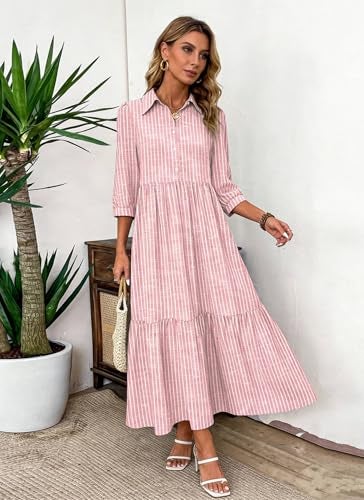 XNC Women's Striped Maxi Dresses 2026 Summer Fashion Collared Boho Dress Print 3/4 Sleeve Work Dress with Pockets Pink - Image 2