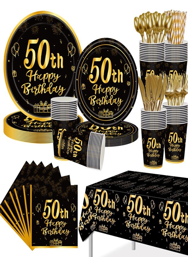 GalaHub 50th Birthday Party Supplies for 24 Guests, 193 Pcs Black Gold Disposable Tableware Set Includes Plates Tablecloth Napkins, 50th Birthday Decorations for Men - Image 1