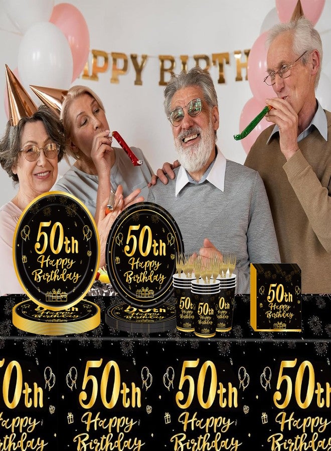 GalaHub 50th Birthday Party Supplies for 24 Guests, 193 Pcs Black Gold Disposable Tableware Set Includes Plates Tablecloth Napkins, 50th Birthday Decorations for Men - Image 4