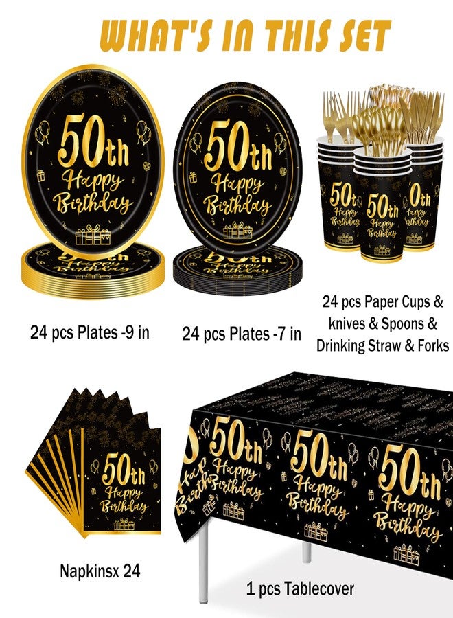 GalaHub 50th Birthday Party Supplies for 24 Guests, 193 Pcs Black Gold Disposable Tableware Set Includes Plates Tablecloth Napkins, 50th Birthday Decorations for Men - Image 2