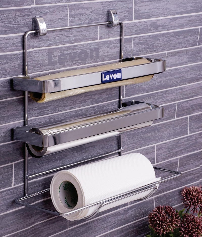 LEVON Stainless Steel 3 in 1 Kitchen Triple Paper Dispenser & Holder/Wrap Aluminium Foil & Kitchen Roll - Size (345 X 95 X 20 mm), Silver, Standard - Image 2
