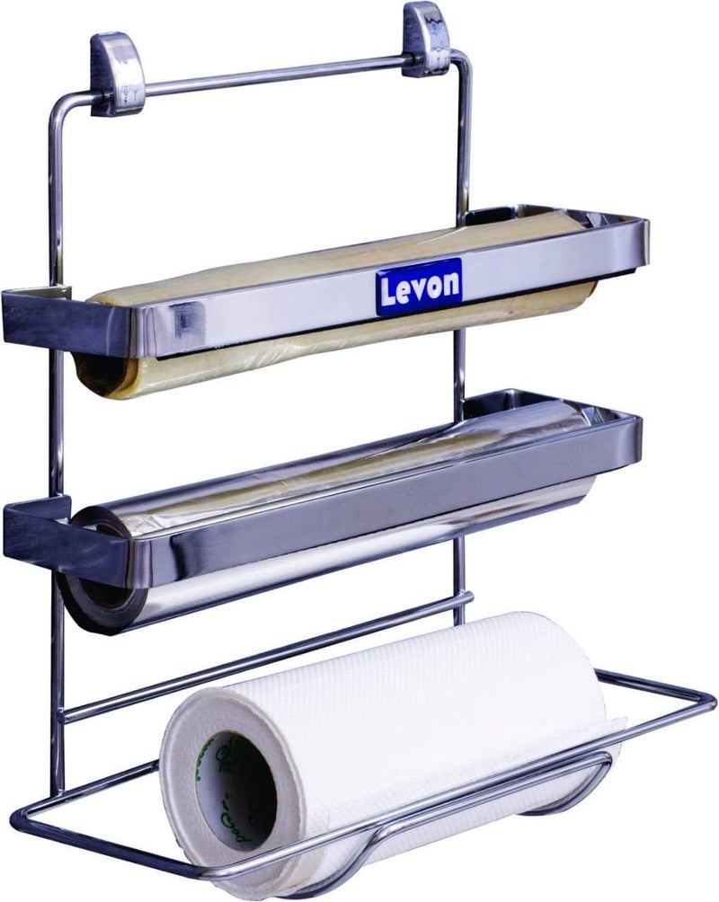LEVON Stainless Steel 3 in 1 Kitchen Triple Paper Dispenser & Holder/Wrap Aluminium Foil & Kitchen Roll - Size (345 X 95 X 20 mm), Silver, Standard - Image 1