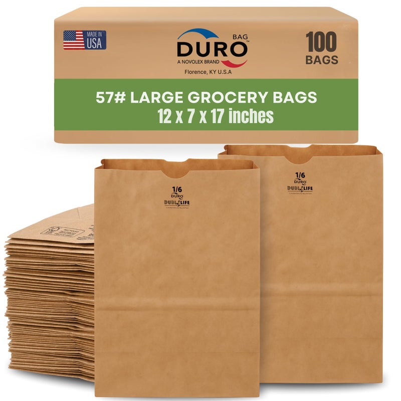 DURO 57 Brown Paper Grocery Bags HeavyDuty 12 x 7 x 17 Inches 100Count Large Brown Paper Bags for Grocery Shopping Food TakeOut Disposable Kraft 16 Sack for Trash Recycling