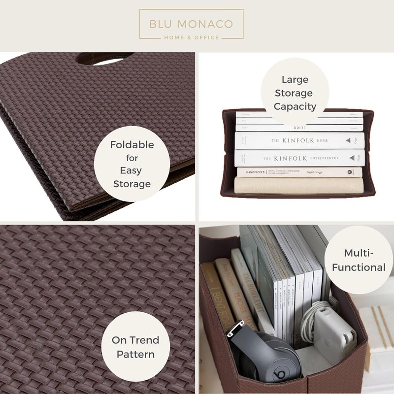 Blu Monaco | Brown Woven Leather Magazine Holder | Storage Basket with Handles for Office Living Room or Bathroom | Vertical Magazine File Organizer - Image 4