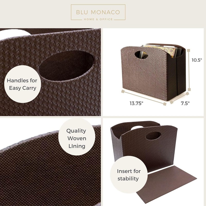 Blu Monaco | Brown Woven Leather Magazine Holder | Storage Basket with Handles for Office Living Room or Bathroom | Vertical Magazine File Organizer - Image 5