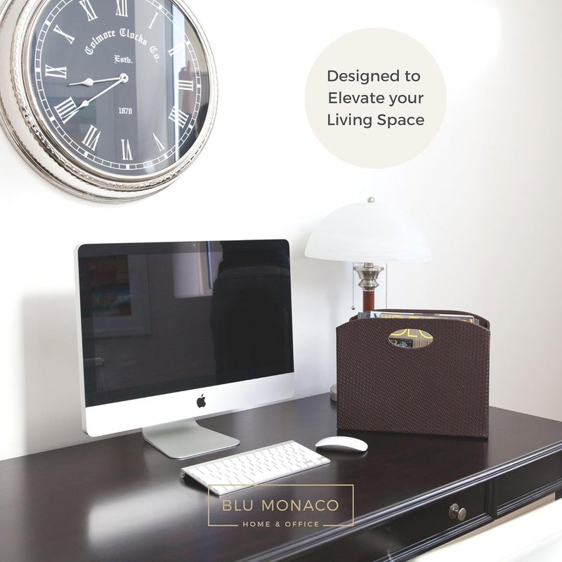 Blu Monaco | Brown Woven Leather Magazine Holder | Storage Basket with Handles for Office Living Room or Bathroom | Vertical Magazine File Organizer - Image 3