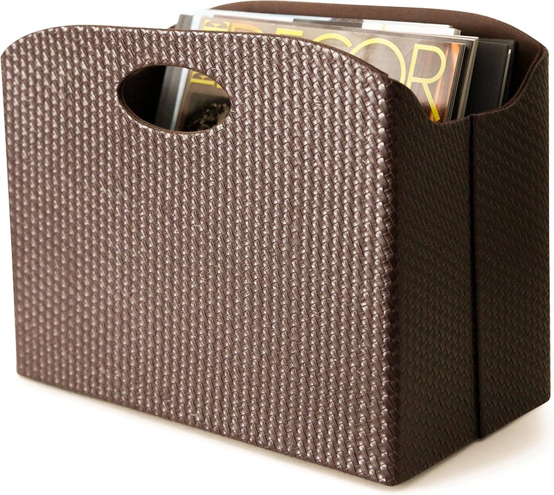 Blu Monaco | Brown Woven Leather Magazine Holder | Storage Basket with Handles for Office Living Room or Bathroom | Vertical Magazine File Organizer - Image 1