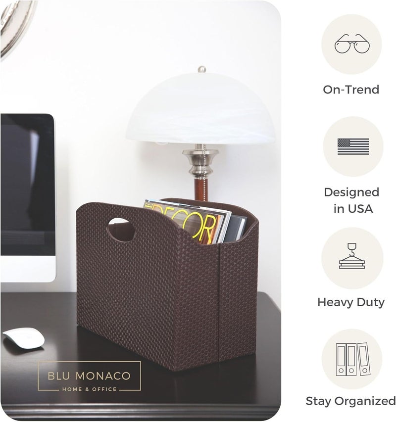 Blu Monaco | Brown Woven Leather Magazine Holder | Storage Basket with Handles for Office Living Room or Bathroom | Vertical Magazine File Organizer - Image 2