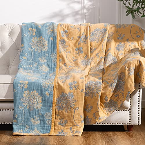 jinchan Boho 100 Cotton Muslin Queen Size 80x90 Inches Blanket Lightweight 4Layer Quilted Soft Yellow and Blue Floral Throw Blanket Reversible Comfy Flower Rustic All Seasons Couch Bedroom Decor - Image 1