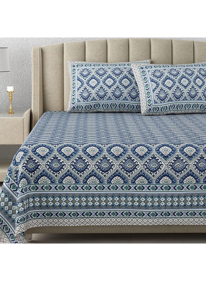 DE CAMA Since 1997 | 100% Cotton 300 TC Premium King Size Bedsheet for Double Bed (90 x 108 Inch) with 2 Pillow Covers Set (17 x 27 Inch) Designer Printed Bedsheet Set - Ikat Blue - Image 1