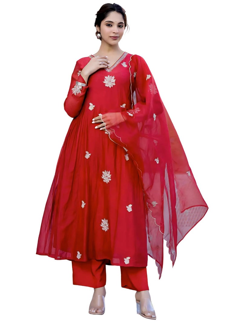 Naixa Women's Chanderi Silk Embroidered Flared Kurta with Pant and Dupatta Sets (NX-M-Kiana-Red-XXL) - Image 1
