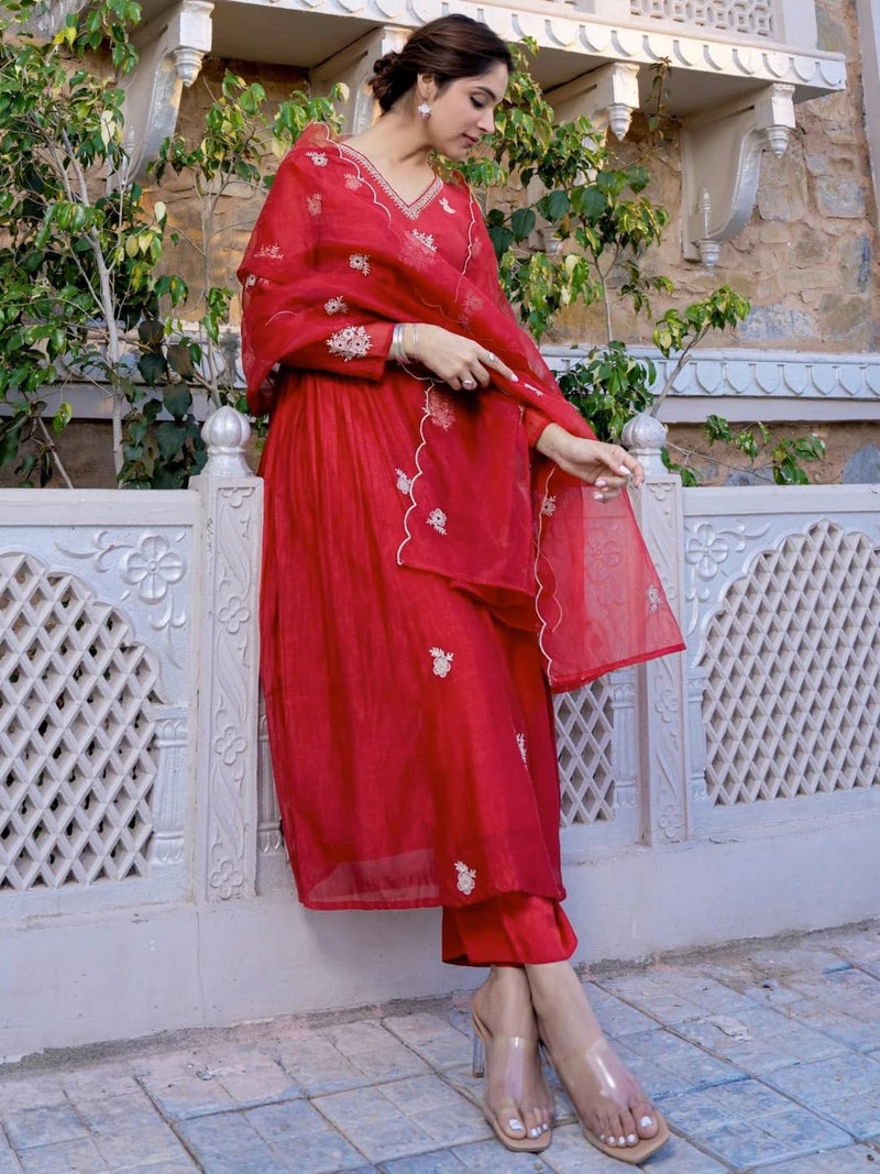 Naixa Women's Chanderi Silk Embroidered Flared Kurta with Pant and Dupatta Sets (NX-M-Kiana-Red-XXL) - Image 3
