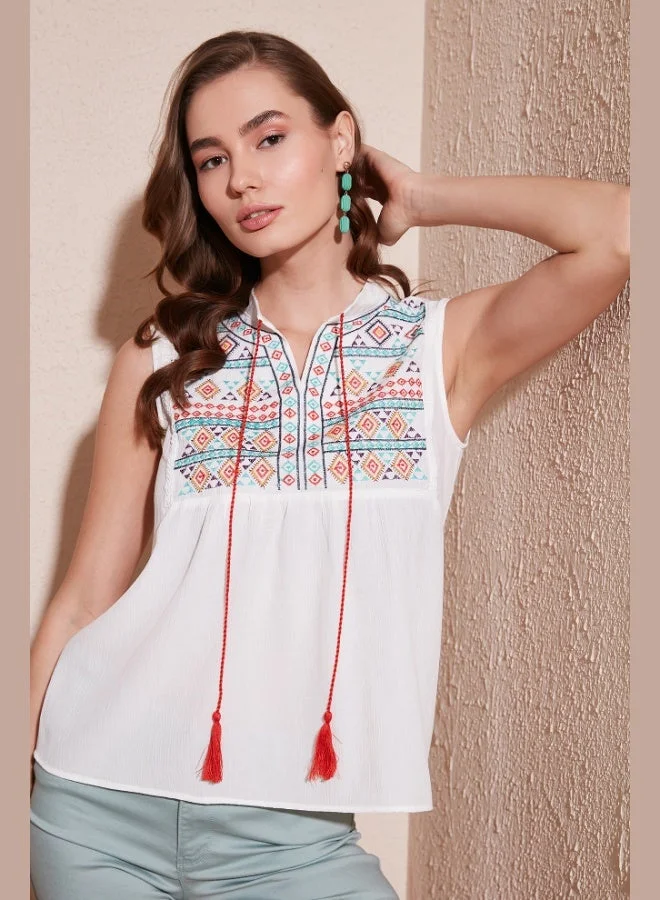 Lela Lela Cotton Regular Fit Embroidered Blouse Women's BLOUSE 611BZ0249