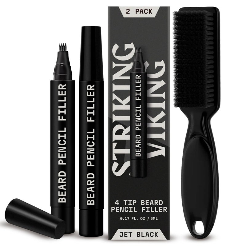 Striking Viking قلم تعبئة لحية فايكنغ اللافت للرجال - عبوة من 2، أسود داكن - قلم لحية مقاوم للماء وطويل الأمد - طرف بأربعة أسنان لإصلاح الفجوات وقلم حلاق - فرشاة شعيرات ناعمة وقلم تعبئة - Image 1