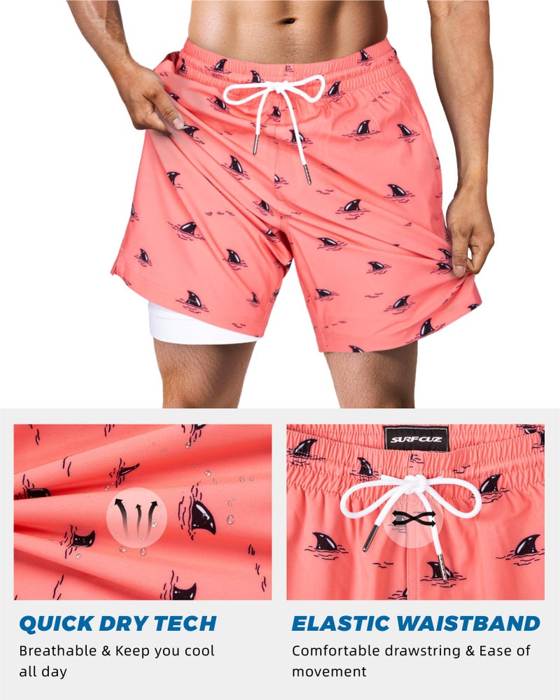 SURF CUZ Mens Swim Trunks with Compression Liner Quick Dry Swim Shorts 7" Swimming Trunks Stretch Zipper Pockets Pink Hidden Sharks Medium - Image 4