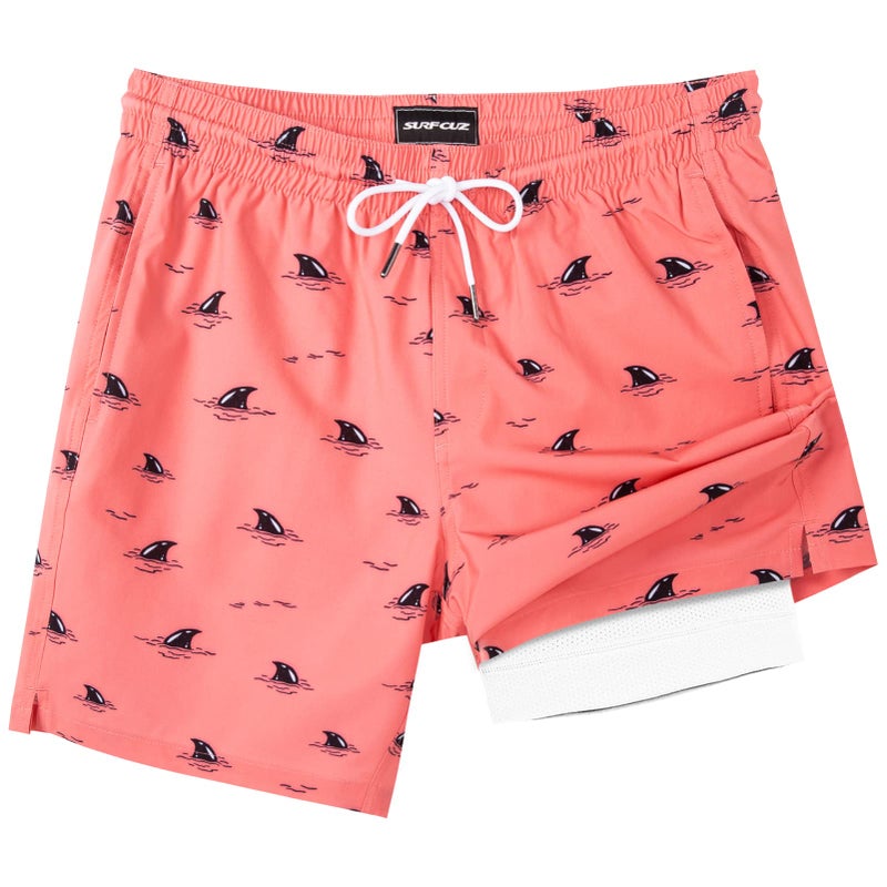 SURF CUZ Mens Swim Trunks with Compression Liner Quick Dry Swim Shorts 7" Swimming Trunks Stretch Zipper Pockets Pink Hidden Sharks Medium - Image 1