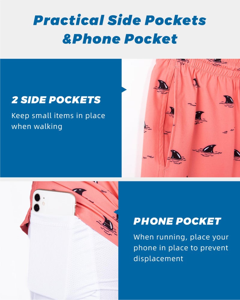 SURF CUZ Mens Swim Trunks with Compression Liner Quick Dry Swim Shorts 7" Swimming Trunks Stretch Zipper Pockets Pink Hidden Sharks Medium - Image 5