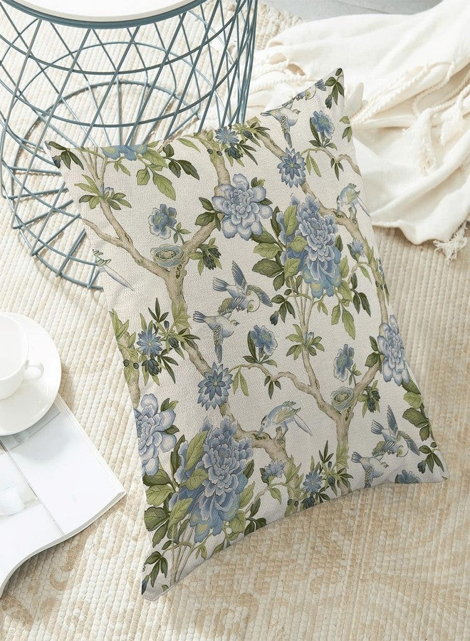Sorktse Blue Sage Green Floral Pillow Covers 18 x 18 Inch Outdoor Chinoiserie Blue Green Floral Bird Throw Pillow Covers Set of 2 Vintage Flower Pillowcases Home Decor for Bedroom Couch Sofa Linen Cushion - Image 5