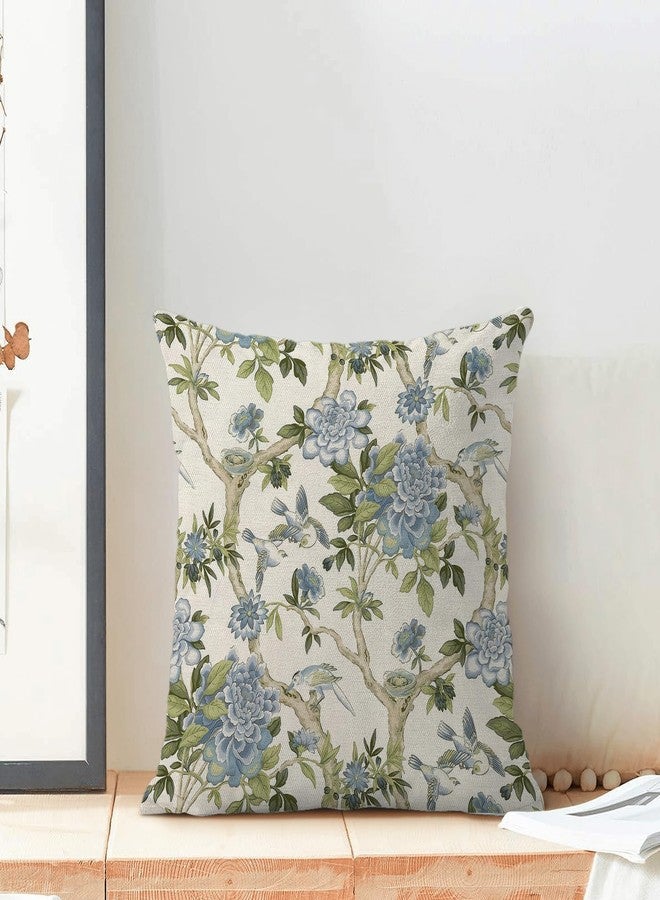 Sorktse Blue Sage Green Floral Pillow Covers 18 x 18 Inch Outdoor Chinoiserie Blue Green Floral Bird Throw Pillow Covers Set of 2 Vintage Flower Pillowcases Home Decor for Bedroom Couch Sofa Linen Cushion - Image 4