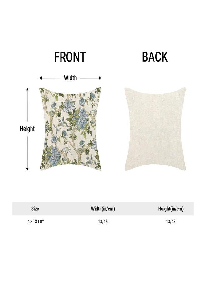 Sorktse Blue Sage Green Floral Pillow Covers 18 x 18 Inch Outdoor Chinoiserie Blue Green Floral Bird Throw Pillow Covers Set of 2 Vintage Flower Pillowcases Home Decor for Bedroom Couch Sofa Linen Cushion - Image 3