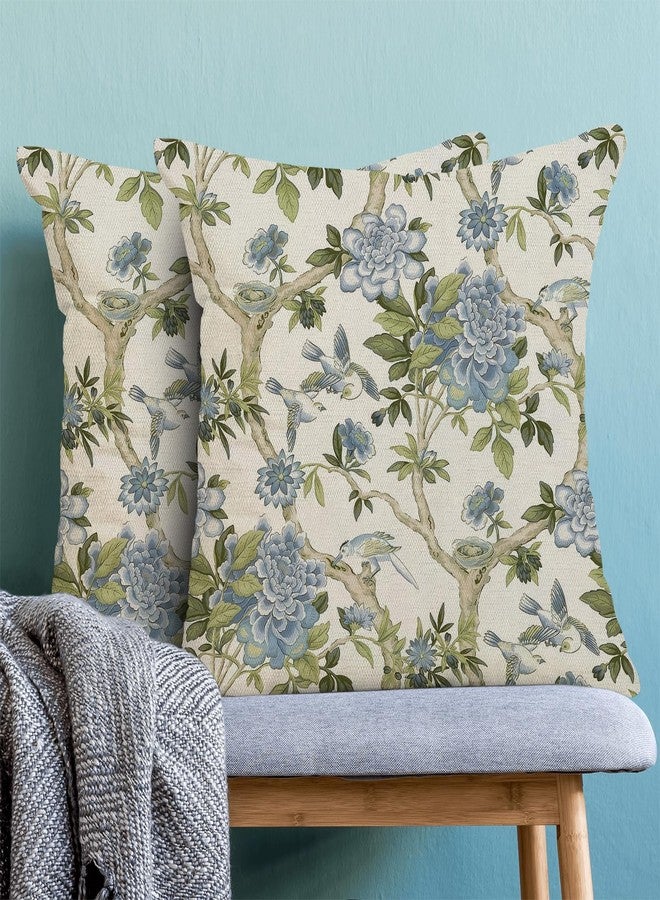 Sorktse Blue Sage Green Floral Pillow Covers 18 x 18 Inch Outdoor Chinoiserie Blue Green Floral Bird Throw Pillow Covers Set of 2 Vintage Flower Pillowcases Home Decor for Bedroom Couch Sofa Linen Cushion - Image 2