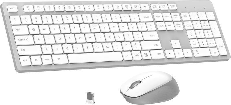 LeadsaiL K786 Wireless Keyboard and Mouse Combo, 2.4GHz Lag-Free Wireless, Full Size Ergonomic Keyboard Silent Mouse for Windows Mac PC Laptop, 12 FN Shortcuts, Long Battery Life - White and Grey - Image 1
