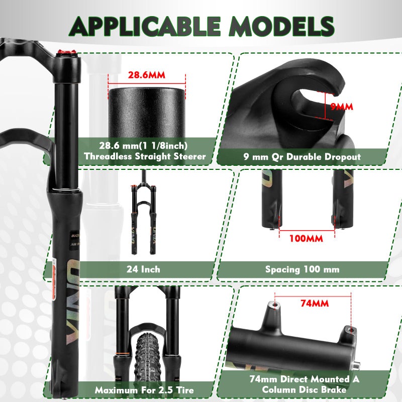BUCKLOS YINO 24 inch MTB Air Suspension Fork 120mm Travel, QR 9mm/100 * 15mm Thru Axle Disc Brake, 1-1/8" Straight Tube Manual Lockout XC AM Ultralight Mountain Bike Front Forks - Image 2