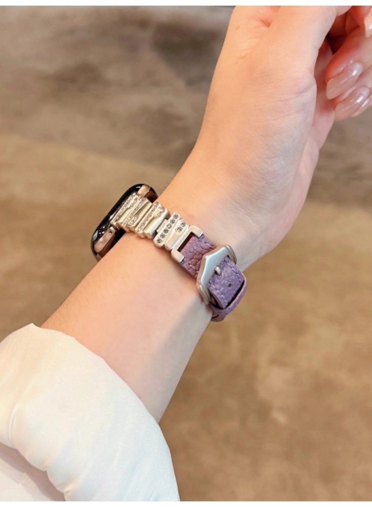 Irregular Diamond Studded Lychee Patterned Leather Watch Strap Purple Belt Starlight Buckle Strap Only Suitable For 41mm (7th to 9th Generation) - Image 5