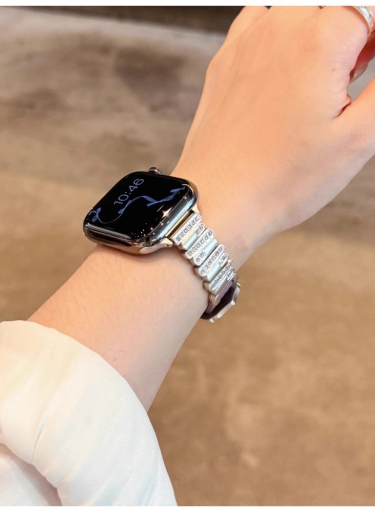 Irregular Diamond Studded Lychee Patterned Leather Watch Strap Purple Belt Starlight Buckle Strap Only Suitable For 41mm (7th to 9th Generation) - Image 4