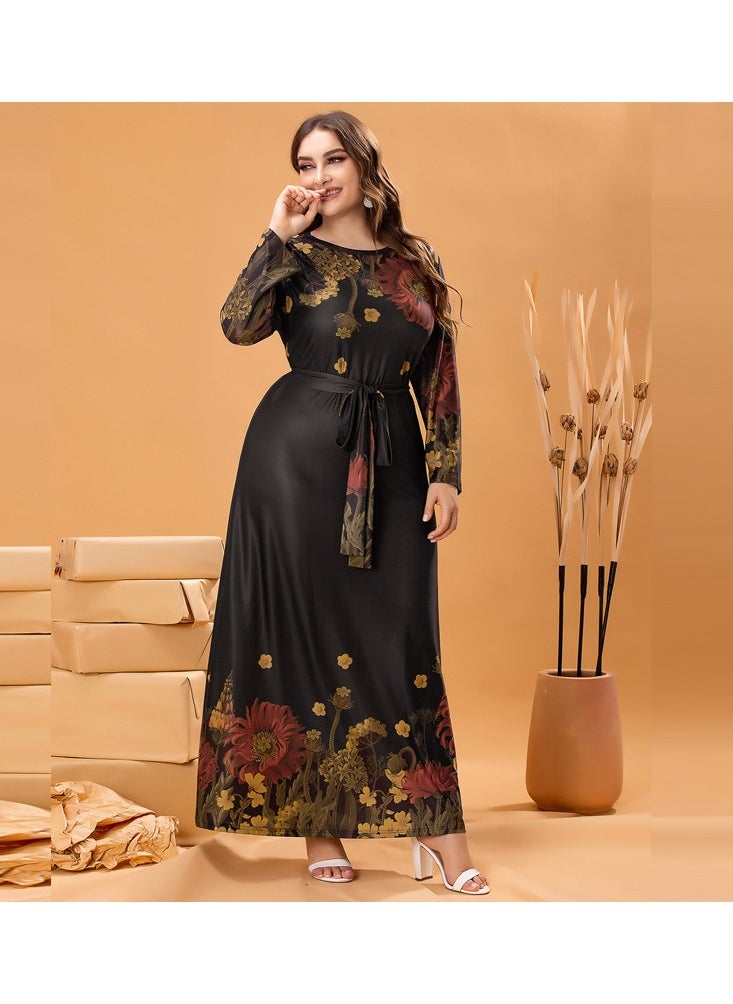 NIBEMINENT Plus Size Floral Print Dress, Casual Long Sleeve Crew Neck Dress For Spring, Women's Plus Size Clothing  - Image 3