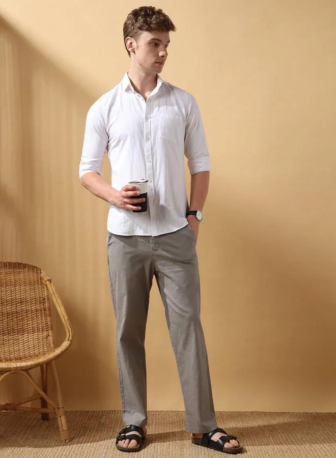 Men's Grey 100% Cotton Solid Pattern Full Length Chinos Straight Fit Trouser