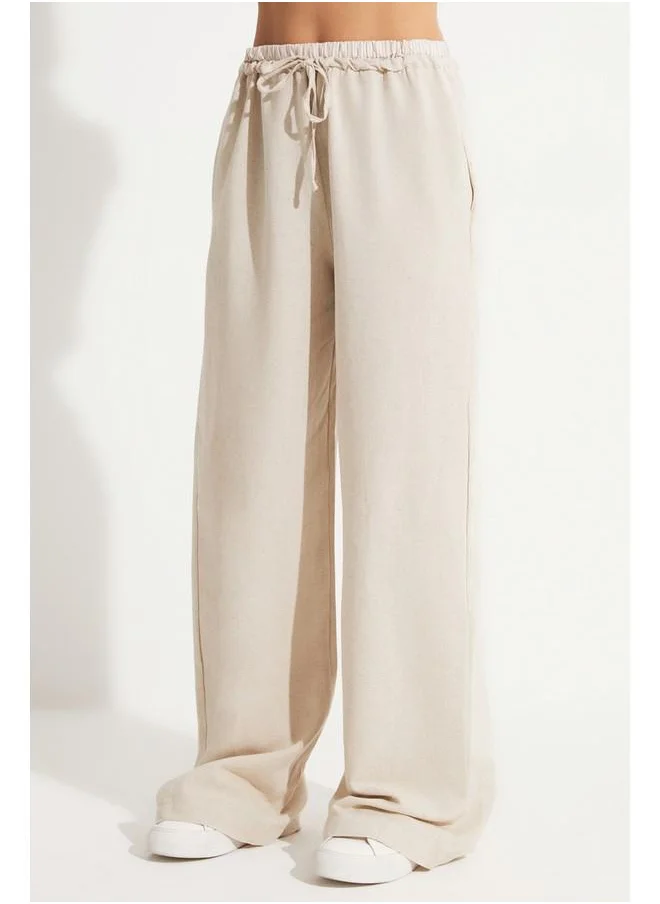 JUNE June Cotton Blend Elastic Waist Trouser Stone