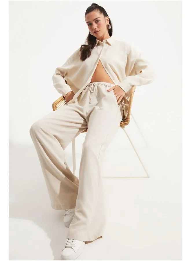 JUNE June Cotton Blend Elastic Waist Trouser Stone