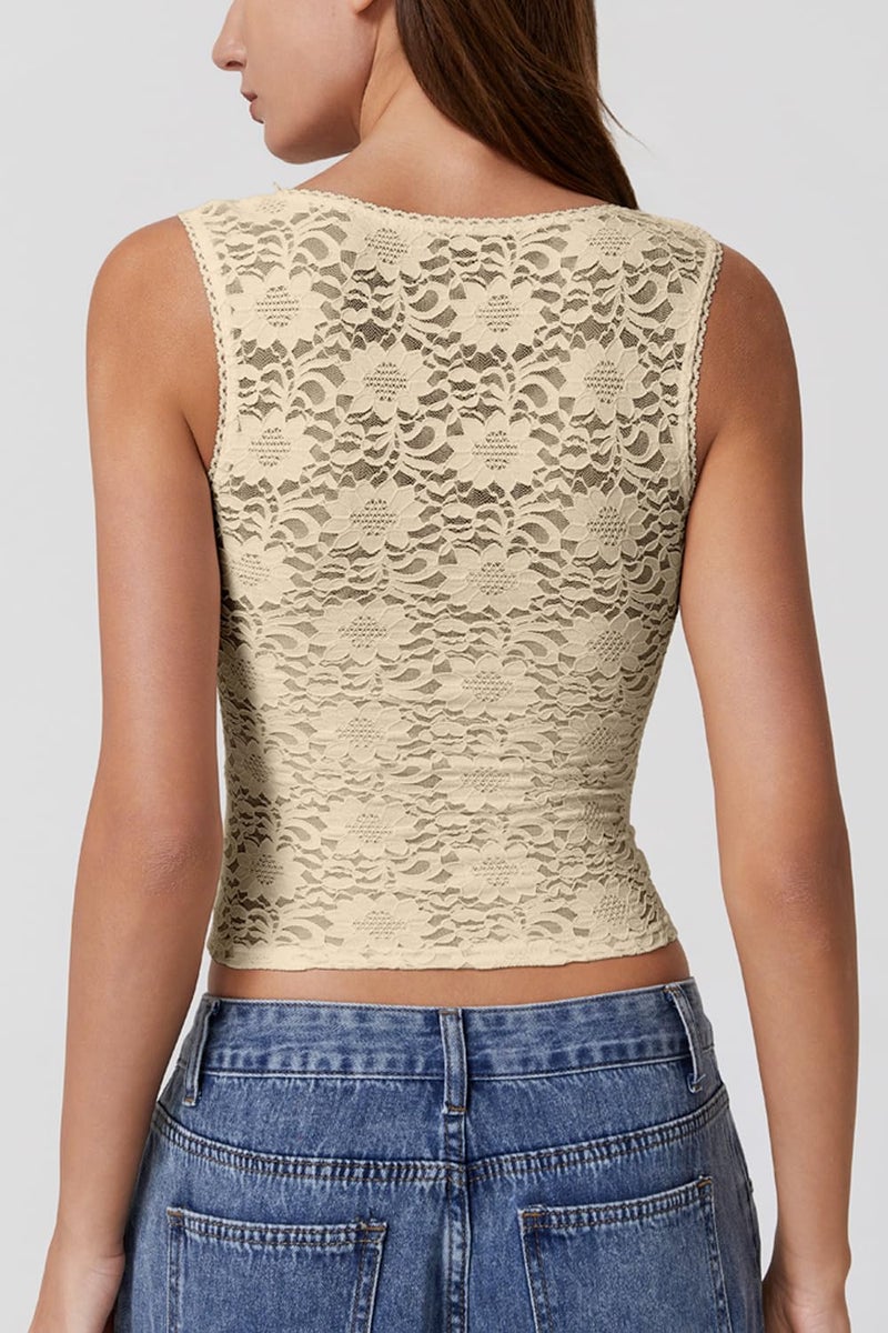 QINSEN Womens Lace Trim Tank Top for Night Out Square Neck Sleeveless Loungewear Shirt Khaki S - Image 4