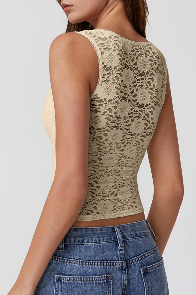 QINSEN Womens Lace Trim Tank Top for Night Out Square Neck Sleeveless Loungewear Shirt Khaki S - Image 2