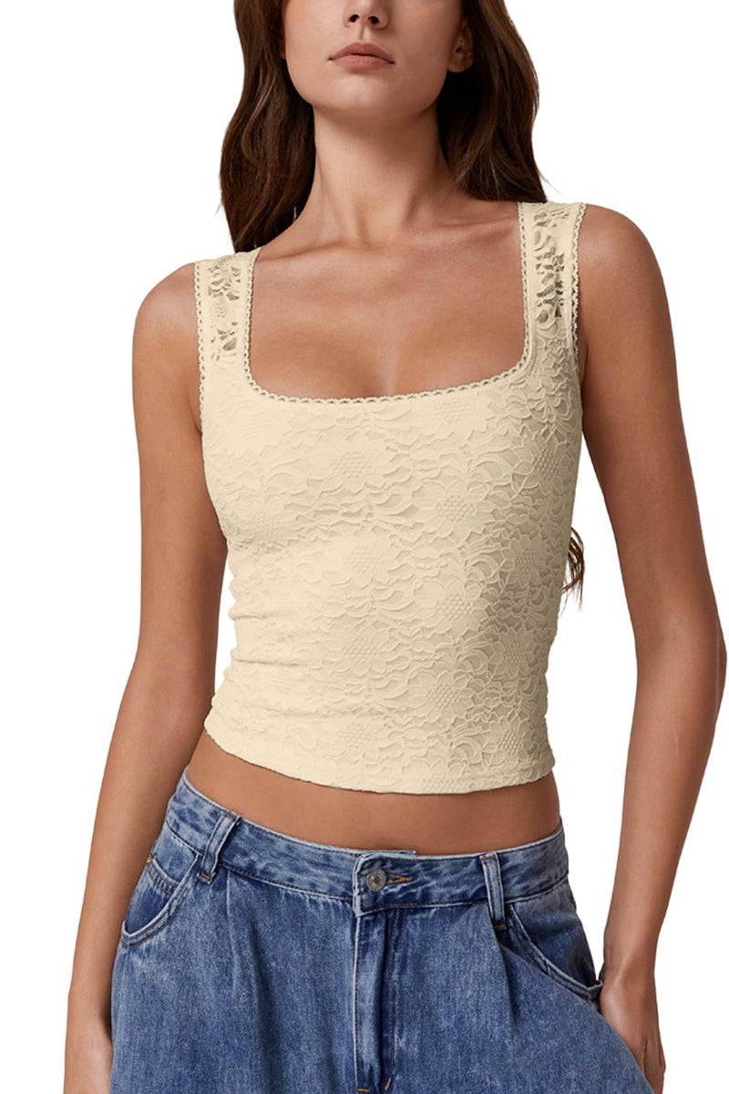 QINSEN Womens Lace Trim Tank Top for Night Out Square Neck Sleeveless Loungewear Shirt Khaki S - Image 1