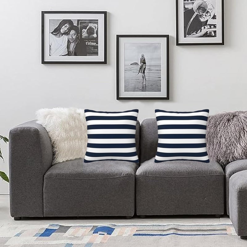 Poream Navy Blue and White Stripe Throw Pillow Covers 18x18 in Farmhouse Pillow Case Soft Outdoor Cushion Covers Set of 2 for Sofa Bed Bedroom Car Chair Living Room Home Decorative - Image 2