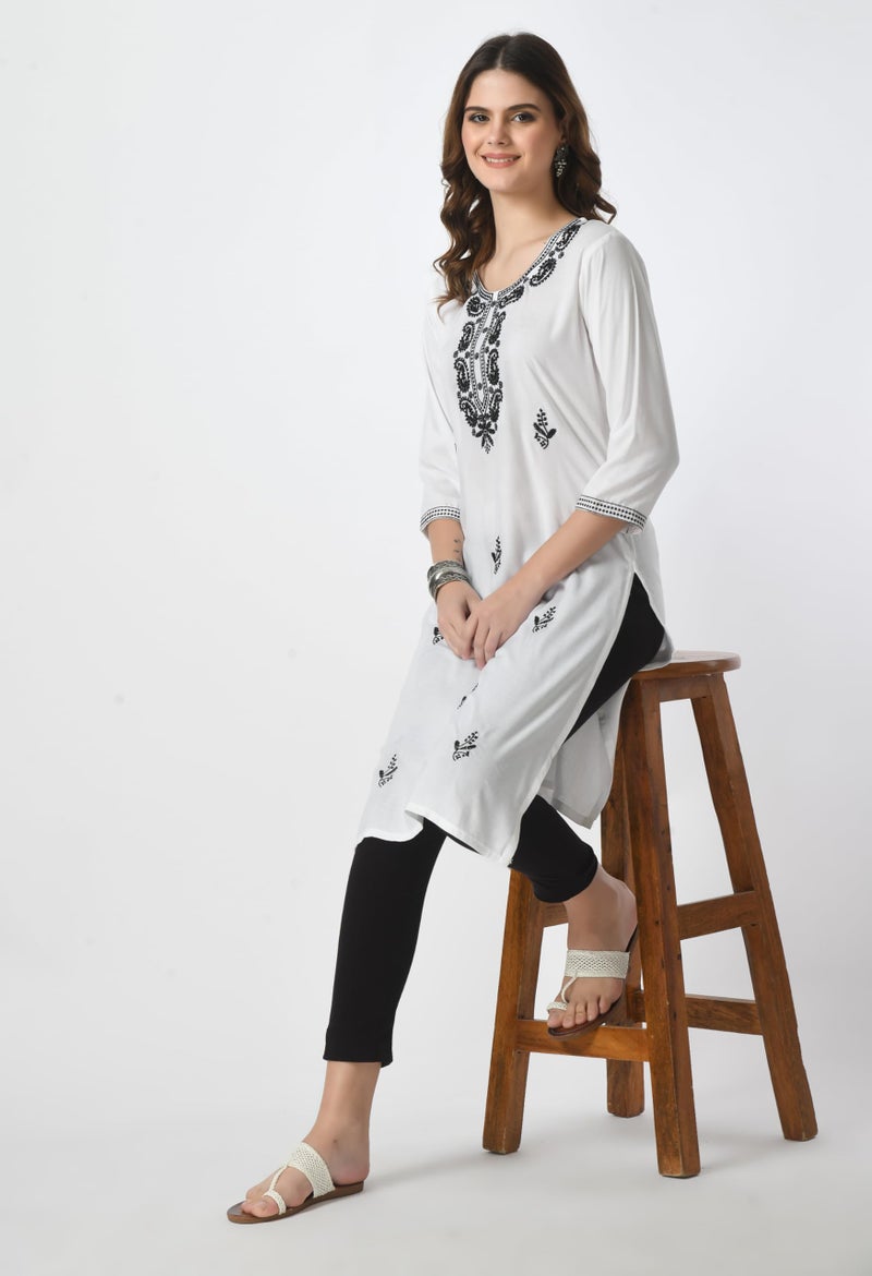LIBOZA Store LIBOZA Kurta for Women – Lakhnowi Chikankari Embroidered Ladies Kurti, Stylish Girls Top, Ethnic Full Kurtas, Straight Design Kurtis for Woman White - Image 5