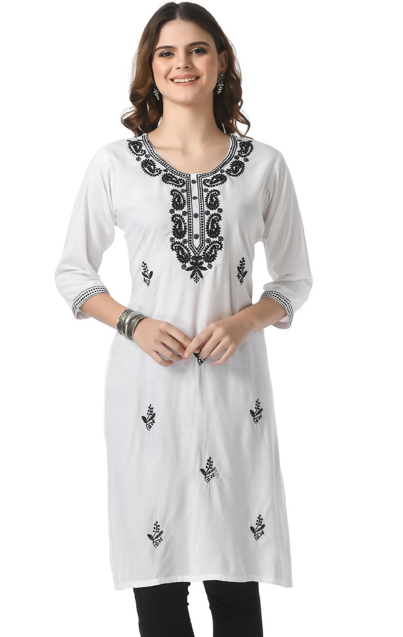 LIBOZA Store LIBOZA Kurta for Women – Lakhnowi Chikankari Embroidered Ladies Kurti, Stylish Girls Top, Ethnic Full Kurtas, Straight Design Kurtis for Woman White - Image 1
