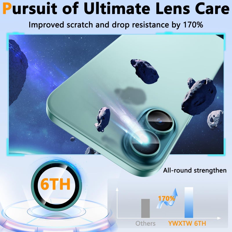 YWXTW for iPhone 16 Plus/iPhone 16 Camera Lens Protector, Individual Anti Scratch Metal Ring Tempered Glass Camera Screen Protector for iPhone 16 Accessories, Case Friendly (Teal) - Image 3