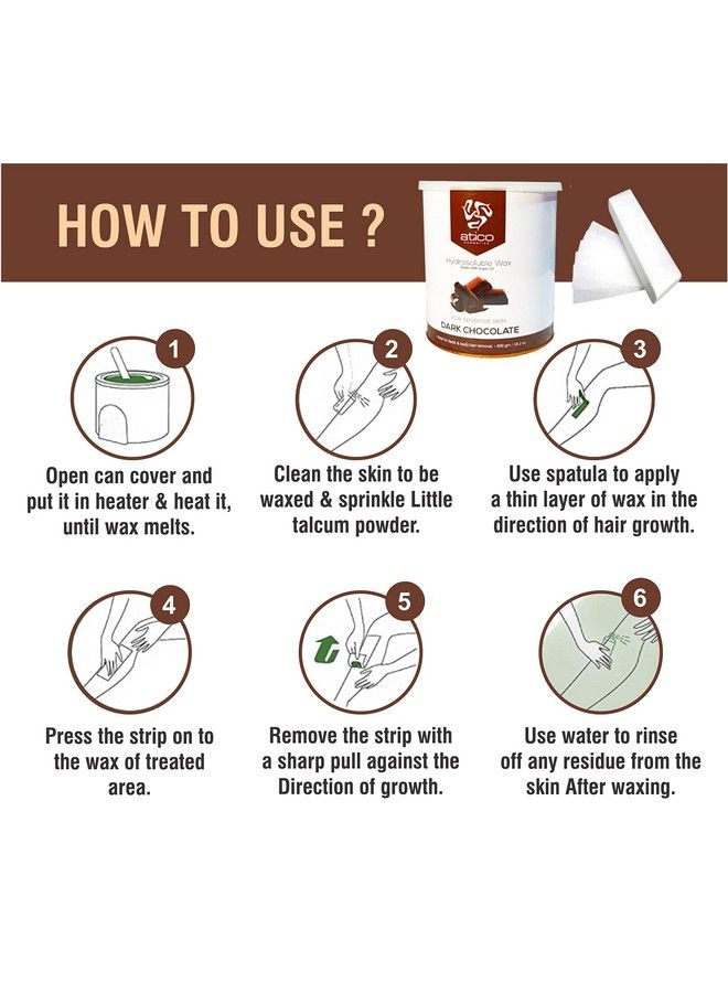 atiCO Hair Removal Hydrosoluble Antitan Creme Wax (800 Gm) Made With Argan Oil + 30 Waxing Strips (Dark Chocolate) - Image 4