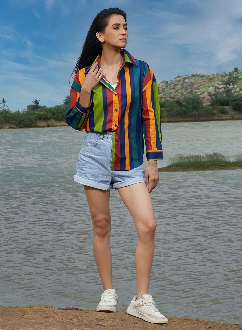 PINACOLADA Women's Multicolour Balanced Striped Shirt