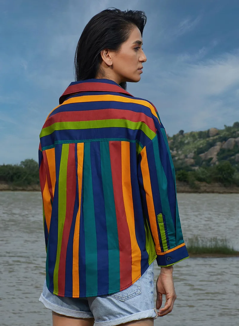 PINACOLADA Women's Multicolour Balanced Striped Shirt