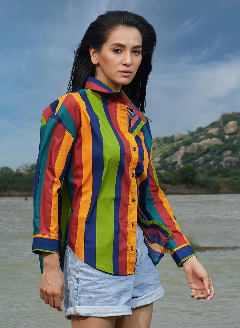 PINACOLADA Women's Multicolour Balanced Striped Shirt