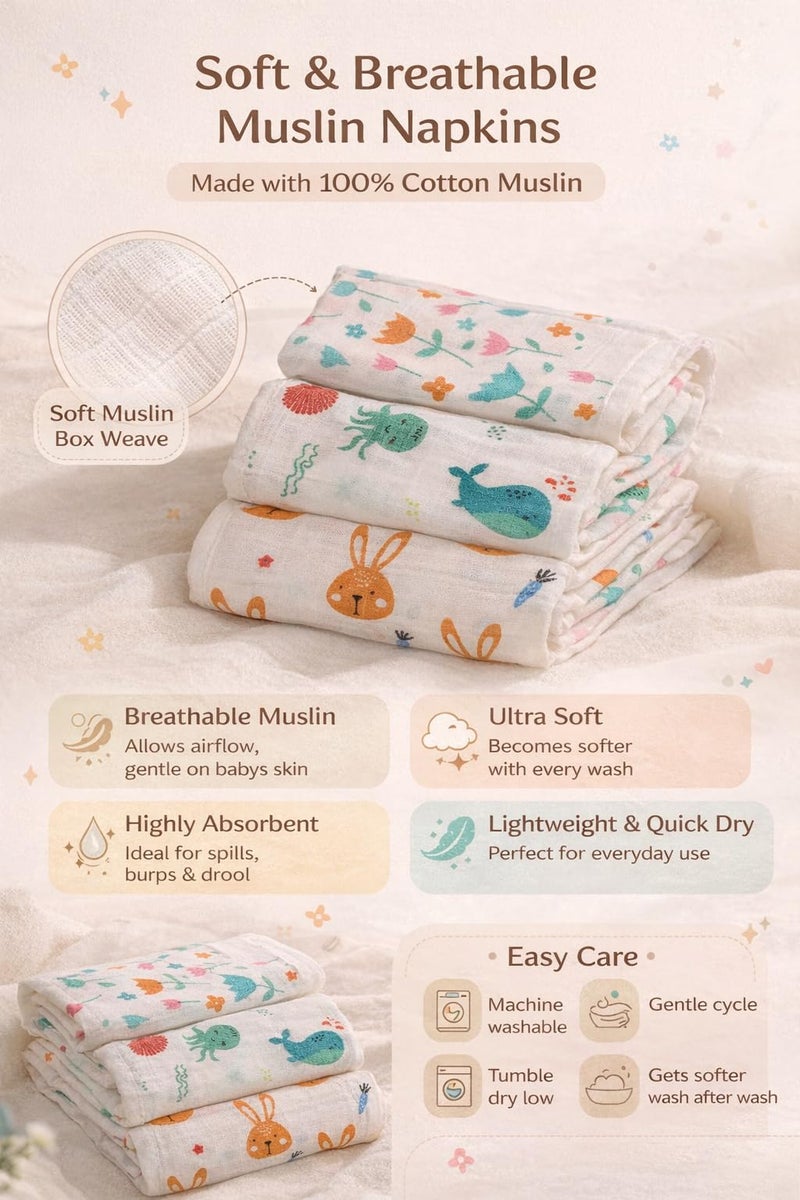 Mee Mee Super Soft 100% Cotton Woven Premium Baby Napkins | (22 cm X 22 cm) | Reusable Hygiene Wash Cloth | Napkin for New Babies | Kids Hankies for School use |Soft Baby face Towel | Pk-3 - Image 2