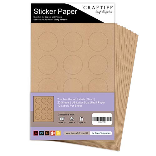 Craftiff Round Kraft Labels Stickers Printable Paper Brown Color - 2 inches - Pack of 240 Labels - 20 Sheets - Image 1