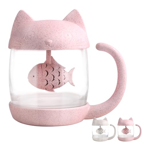 BigNoseDeer Cat Tea Cup Cute Mug Glass Pot with Fish Infuser for Loose Leaf Tea (Pink 8oz) - Image 1