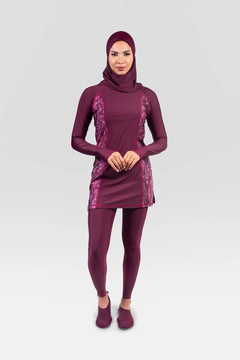 COEGA Modest 3pc Swim Set Slim with Tights Ladies SzUK8 - Maroon Marble